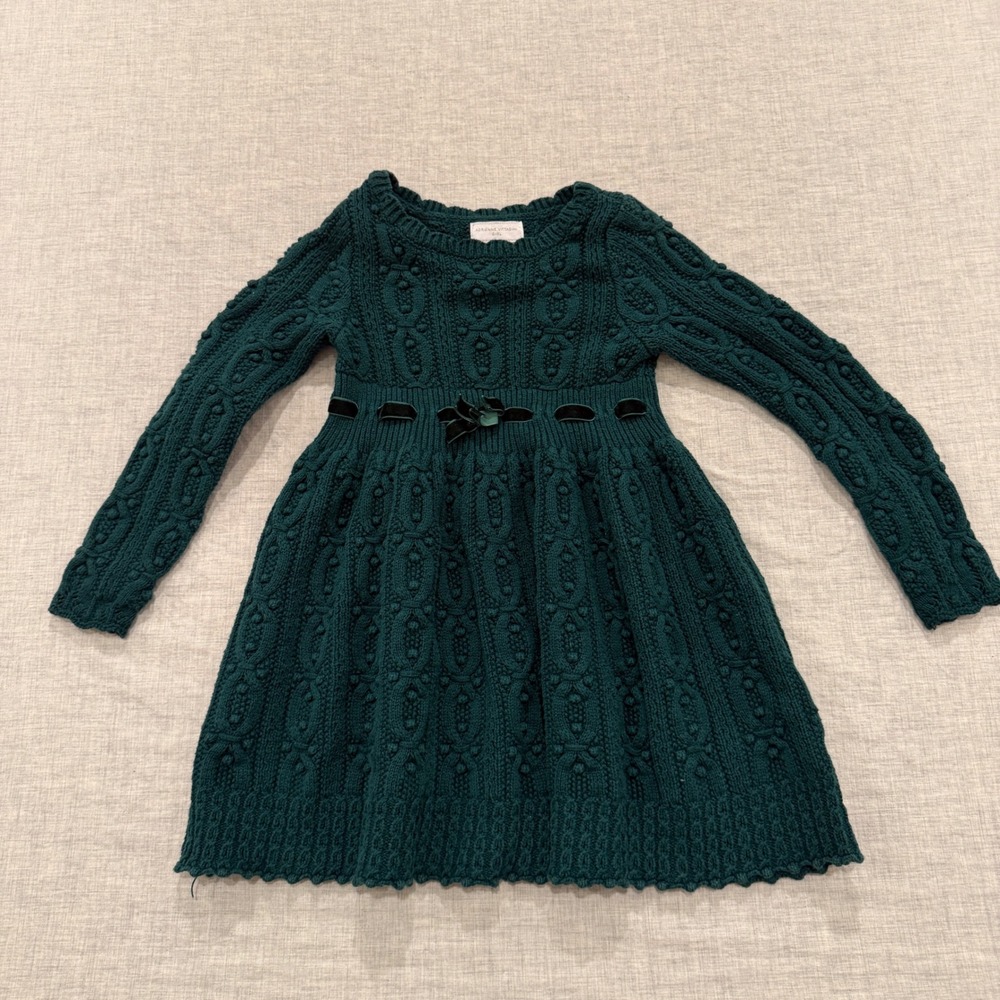 Vintage Adrienne Vittadini Girl Green Cable Knit Sweater Dress Velvet Bow XS 4